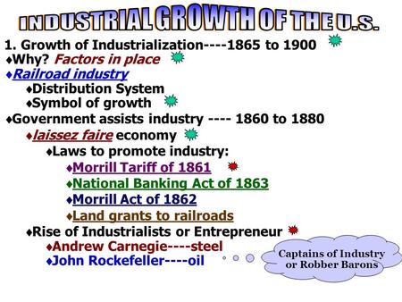 1. Growth of Industrialization----1865 to 1900  Why? Factors in place  Railroad industry  Distribution System  Symbol of growth  Government assists.