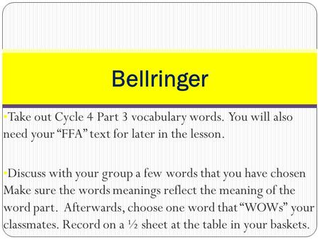 Take out Cycle 4 Part 3 vocabulary words. You will also need your “FFA” text for later in the lesson. Discuss with your group a few words that you have.