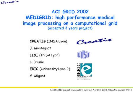 MEDIGRID project, DataGrid FR meeting, April 18, 2002, Johan Montagnat, WP10 ACI GRID 2002 MEDIGRID: high performance medical image processing on a computational.