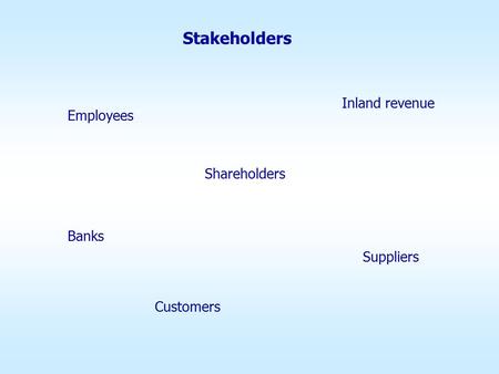 Stakeholders Inland revenue Banks Shareholders Employees Suppliers Customers.