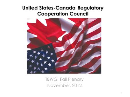 United States-Canada Regulatory Cooperation Council TBWG Fall Plenary November, 2012 1.