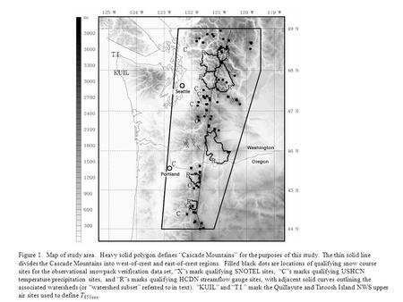 Figure 1. Map of study area. Heavy solid polygon defines “Cascade Mountains” for the purposes of this study. The thin solid line divides the Cascade Mountains.