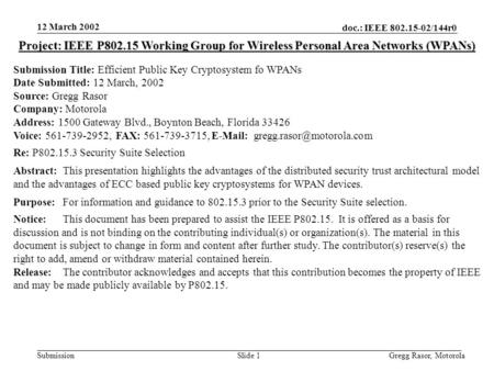 12 March 2002 doc.: IEEE 802.15-02/144r0 Gregg Rasor, MotorolaSlide 1Submission Project: IEEE P802.15 Working Group for Wireless Personal Area Networks.