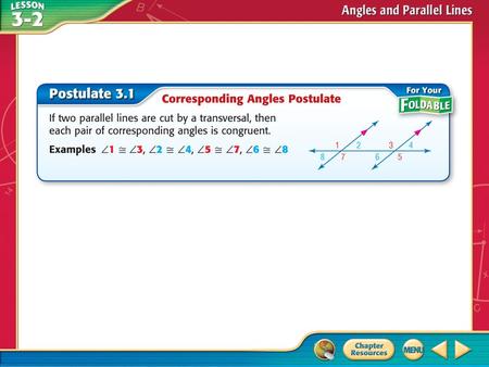 Concept. Example 1 Use Corresponding Angles Postulate A. In the figure, m  11 = 51. Find m  15. Tell which postulates (or theorems) you used. Answer: