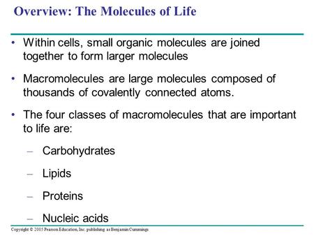Copyright © 2005 Pearson Education, Inc. publishing as Benjamin Cummings Overview: The Molecules of Life Within cells, small organic molecules are joined.