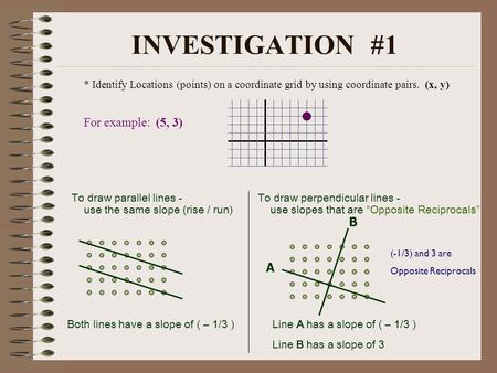 INVESTIGATION #1 * Identify Locations (points) on a coordinate grid by using coordinate pairs. (x, y) For example: (5, 3) To draw parallel lines - use.