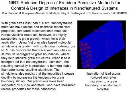 NIRT: Reduced Degree of Freedom Predictive Methods for Control & Design of Interfaces in Nanofeatured Systems D.W. Brenner, M. Buongiorno-Nardelli, G.