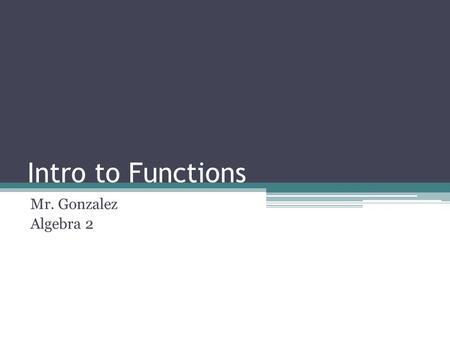 Intro to Functions Mr. Gonzalez Algebra 2. Linear Function (Odd) Domain (- ,  ) Range (- ,  ) Increasing (- ,  ) Decreasing Never End Behavior As.