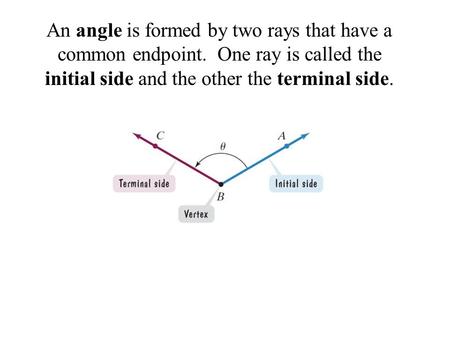 An angle is formed by two rays that have a common endpoint. One ray is called the initial side and the other the terminal side.
