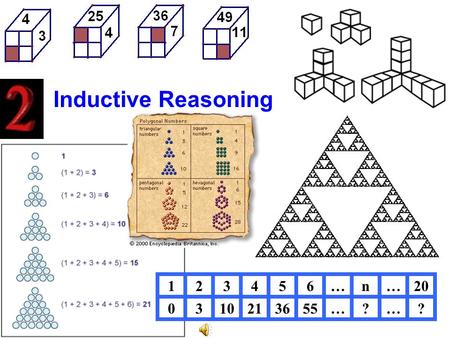 Inductive Reasoning 123456…n…20 0310213655…?…?. Linear Sequences 1, 3, 5, 7, 9, … 2, 4, 6, 8, 10, … 3, 8, 13, 18, 23, … 7, 7, 7, 7, 7, …