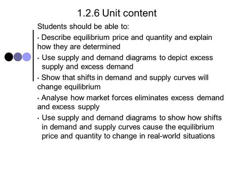 1.2.6 Unit content Students should be able to: Describe equilibrium price and quantity and explain how they are determined Use supply and demand diagrams.