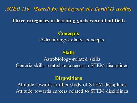 Three categories of learning goals were identified: Concepts Astrobiology-related concepts Skills Astrobiology-related skills Generic skills related to.