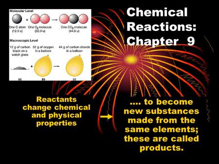 Chemical Reactions: Chapter 9 Reactants change chemical and physical properties …. to become new substances made from the same elements; these are called.