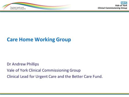 Care Home Working Group Dr Andrew Phillips Vale of York Clinical Commissioning Group Clinical Lead for Urgent Care and the Better Care Fund.