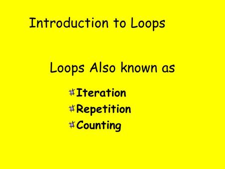 Introduction to Loops Iteration Repetition Counting Loops Also known as.