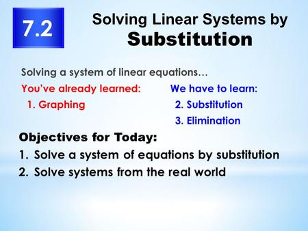 Solving a system of linear equations… You’ve already learned: We have to learn: 1. Graphing2. Substitution 3. Elimination Solving Linear Systems by Substitution.