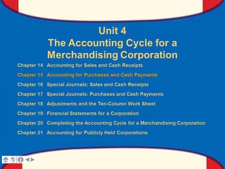 0 Glencoe Accounting Unit 4 Chapter 15 Copyright © by The McGraw-Hill Companies, Inc. All rights reserved. Unit 4 The Accounting Cycle for a Merchandising.