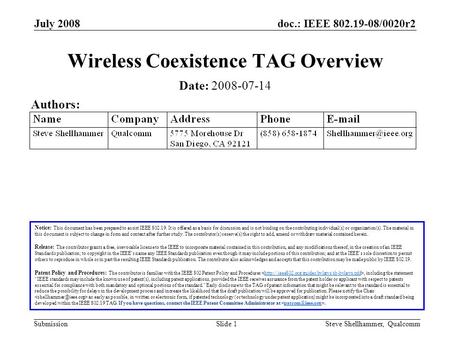 Doc.: IEEE 802.19-08/0020r2 Submission July 2008 Steve Shellhammer, QualcommSlide 1 Wireless Coexistence TAG Overview Notice: This document has been prepared.