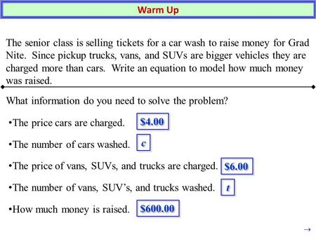 Warm Up The senior class is selling tickets for a car wash to raise money for Grad Nite. Since pickup trucks, vans, and SUVs are bigger vehicles they are.