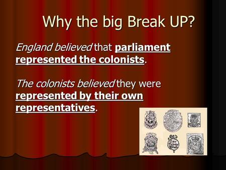 Why the big Break UP? England believed that parliament represented the colonists. The colonists believed they were represented by their own representatives.