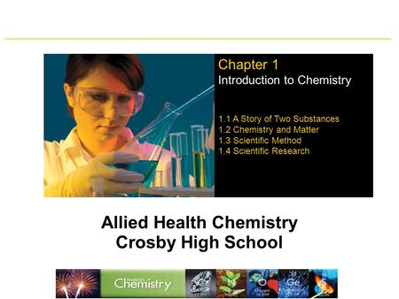 Allied Health Chemistry Crosby High School Chapter 1 Introduction to Chemistry 1.1 A Story of Two Substances 1.2 Chemistry and Matter 1.3 Scientific Method.