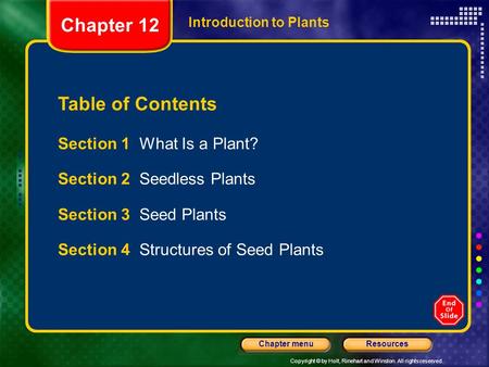 Copyright © by Holt, Rinehart and Winston. All rights reserved. ResourcesChapter menu Introduction to Plants Section 1 What Is a Plant? Section 2 Seedless.