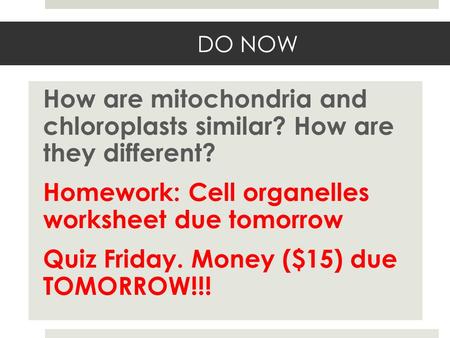 DO NOW How are mitochondria and chloroplasts similar? How are they different? Homework: Cell organelles worksheet due tomorrow Quiz Friday. Money ($15)