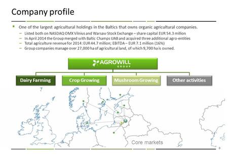 0 Company profile  One of the largest agricultural holdings in the Baltics that owns organic agricultural companies. – Listed both on NASDAQ OMX Vilnius.