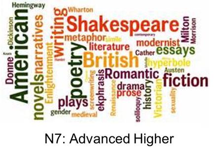 N7: Advanced Higher. 4 Components Literary Study: (Analysis and Evaluation of Literary Texts – internal 2 outcomes) Textual Analysis: (Analysis and Evaluation.
