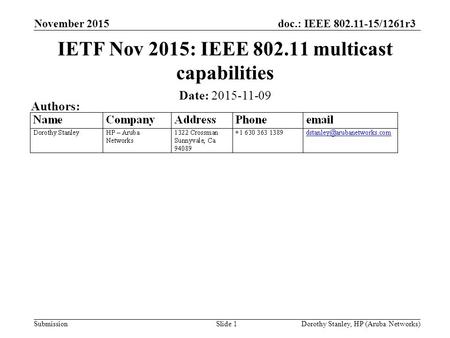 Doc.: IEEE 802.11-15/1261r3 Submission November 2015 Dorothy Stanley, HP (Aruba Networks) IETF Nov 2015: IEEE 802.11 multicast capabilities Date: 2015-11-09.