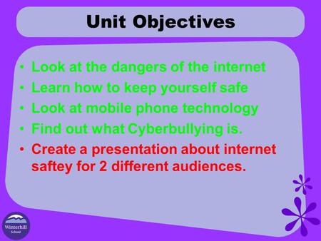 Unit Objectives Look at the dangers of the internet