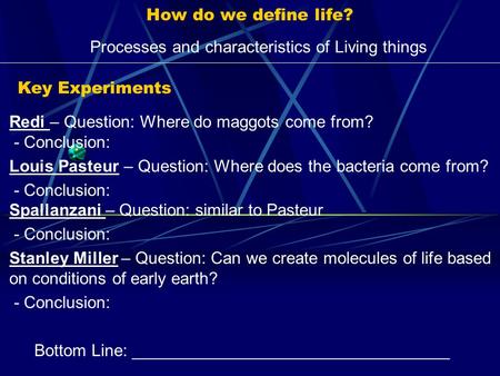 How do we define life? Processes and characteristics of Living things Redi – Question: Where do maggots come from? - Conclusion: Louis Pasteur – Question: