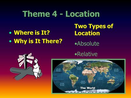Theme 4 - Location Where is It?Where is It? Why is It There?Why is It There? Two Types of Location Absolute Relative.