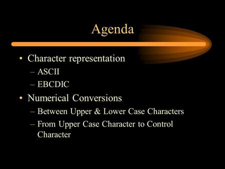 Agenda Character representation Numerical Conversions ASCII EBCDIC