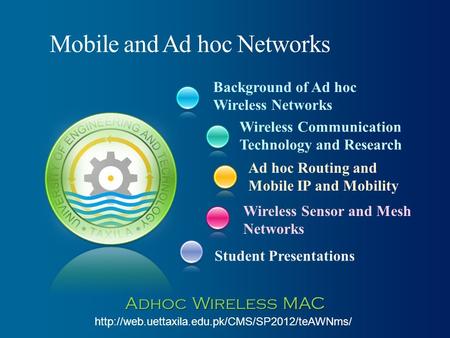 Background of Ad hoc Wireless Networks Student Presentations Wireless Communication Technology and Research Ad hoc Routing and Mobile IP and Mobility Wireless.