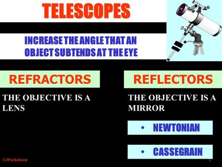©JParkinson1TELESCOPES INCREASE THE ANGLE THAT AN OBJECT SUBTENDS AT THE EYE REFRACTORS REFLECTORS THE OBJECTIVE IS A LENS THE OBJECTIVE IS A MIRROR NEWTONIAN.