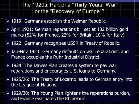 The 1920s: Part of a “Thirty Years’ War” or the “Recovery of Europe”?  1919: Germans establish the Weimar Republic.  April 1921: German reparations bill.
