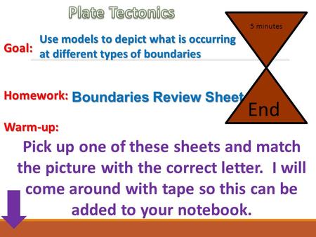 Goal:Homework:Warm-up: Boundaries Review Sheet Use models to depict what is occurring at different types of boundaries Pick up one of these sheets and.