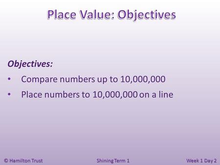 © Hamilton Trust Shining Term 1 Week 1 Day 2 Objectives: Compare numbers up to 10,000,000 Place numbers to 10,000,000 on a line.