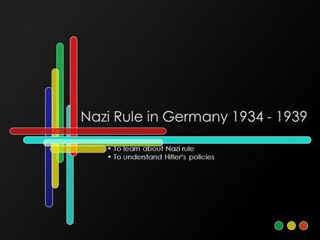 Nazi Rule in Germany 1934 - 1939 To learn about Nazi rule To understand Hitler’s policies.
