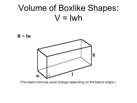 Volume of Boxlike Shapes: V = lwh. Example Find the volume 6m 4m 2m.