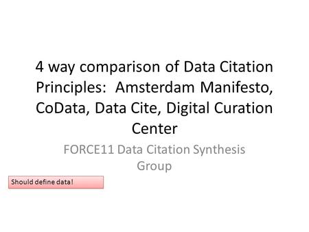 4 way comparison of Data Citation Principles: Amsterdam Manifesto, CoData, Data Cite, Digital Curation Center FORCE11 Data Citation Synthesis Group Should.