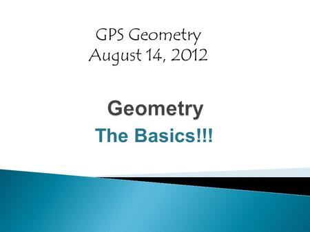 The Basics!!! GPS Geometry August 14, 2012. Point  The basic unit of geometry  Has no dimension.  Used to represent a precise location on a plane 