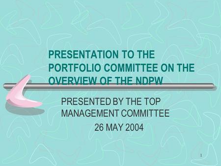 1 PRESENTATION TO THE PORTFOLIO COMMITTEE ON THE OVERVIEW OF THE NDPW PRESENTED BY THE TOP MANAGEMENT COMMITTEE 26 MAY 2004.