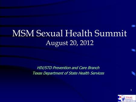 1 MSM Sexual Health Summit August 20, 2012 HIV/STD Prevention and Care Branch Texas Department of State Health Services.