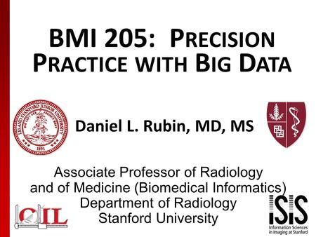 BMI 205: P RECISION P RACTICE WITH B IG D ATA Daniel L. Rubin, MD, MS Associate Professor of Radiology and of Medicine (Biomedical Informatics) Department.
