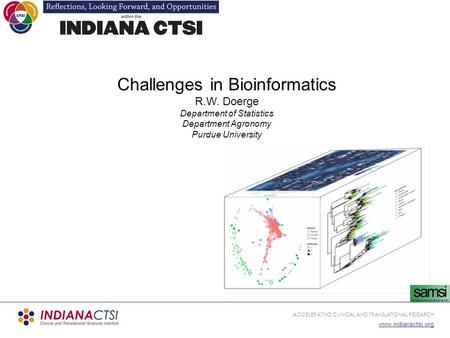 ACCELERATING CLINICAL AND TRANSLATIONAL RESEARCH www.indianactsi.org Challenges in Bioinformatics R.W. Doerge Department of Statistics Department Agronomy.