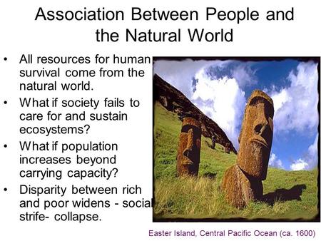 Association Between People and the Natural World All resources for human survival come from the natural world. What if society fails to care for and sustain.