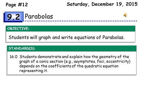 OBJECTIVE: Parabolas Students will graph and write equations of Parabolas. 16.0 Students demonstrate and explain how the geometry of the graph of a conic.