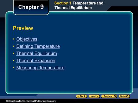© Houghton Mifflin Harcourt Publishing Company Preview Objectives Defining Temperature Thermal Equilibrium Thermal Expansion Measuring Temperature Chapter.